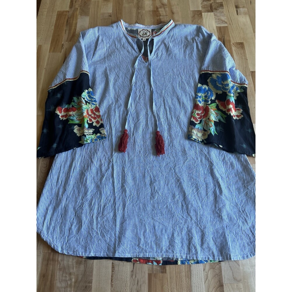 Women's Bell Sleeve Tunic Mixed Print Blue White Stripe Floral Boho Embroidery S